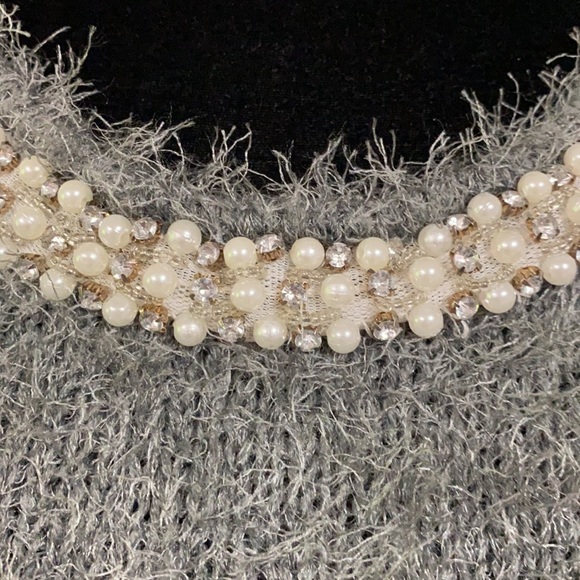 Questions by Say What? Gray fluffy sweater w/rhinestones &beads- medium - Picture 8 of 11